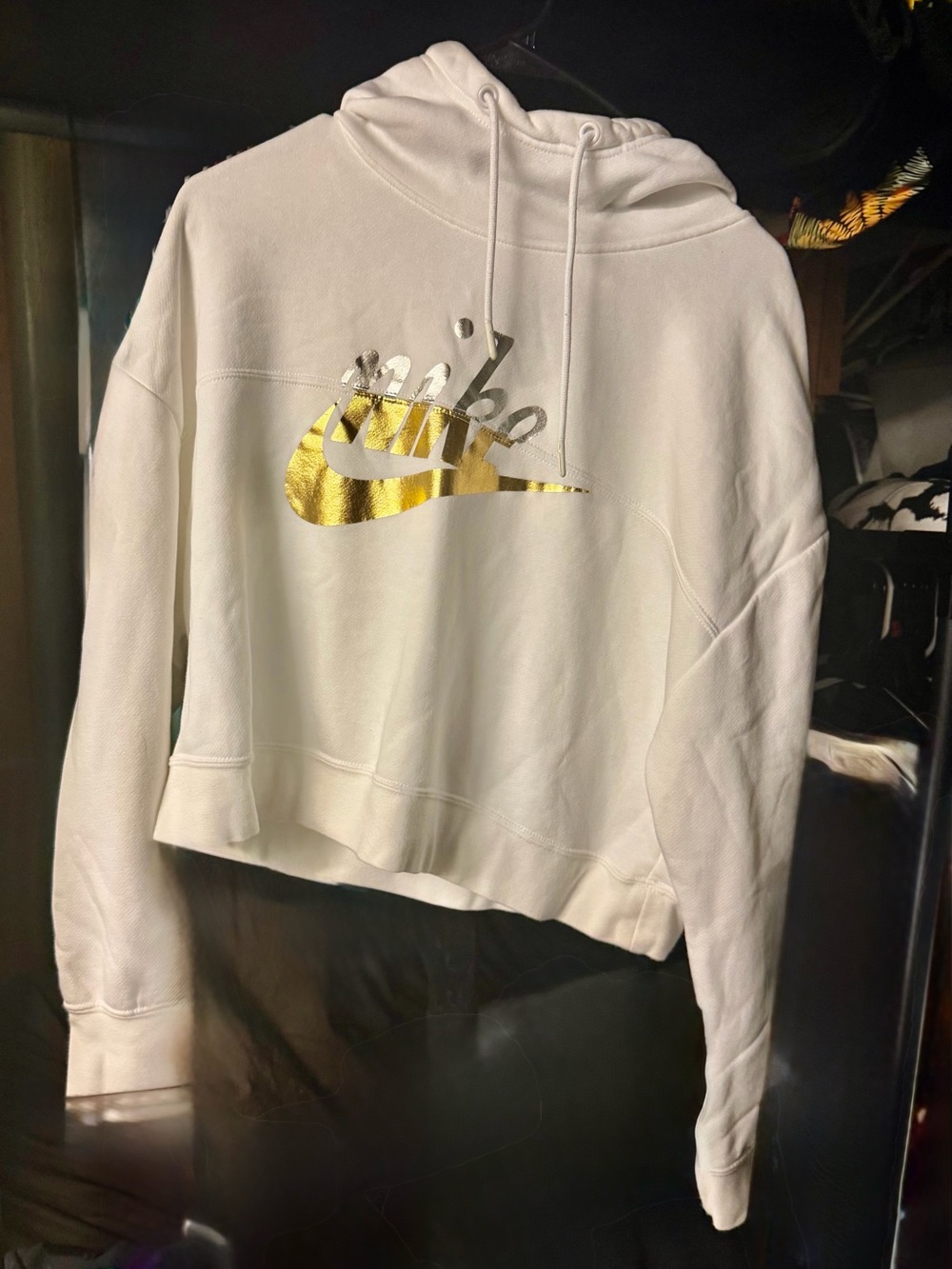 Nike White Hoodie with Metallic Gold Swoosh